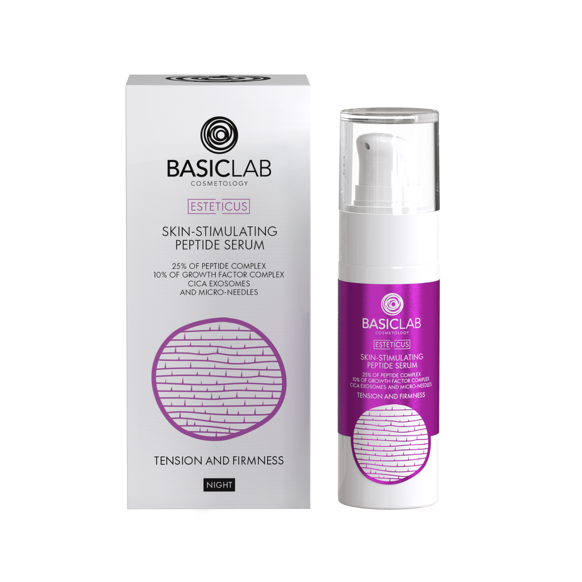 BasicLab – Stimulating Peptide Night Serum for the Face, 25% Peptide Complex, 10% Growth Factor Complex, CICA Exosomes and Microneedles – Tension and Firming 30ml