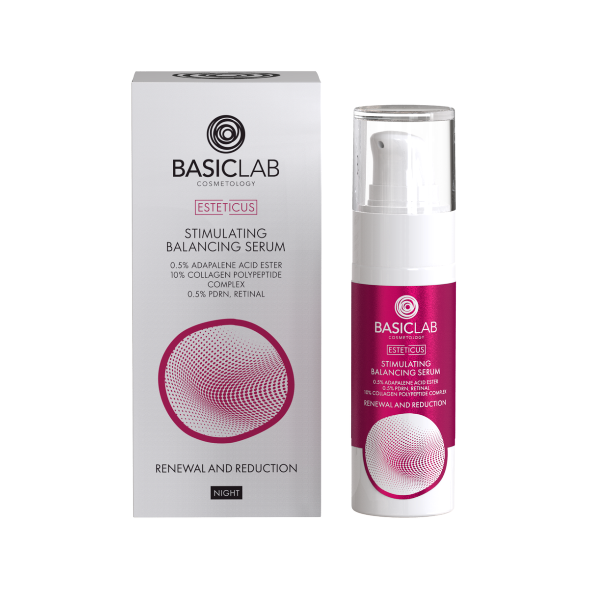 BasicLab – Stimulating Smoothing Serum, 0.5% Adapalene Acid Ester, 10% Collagen Polypeptide Complex, 0.5% PDRN, Retinal – Renewal and Reduction 30ml
