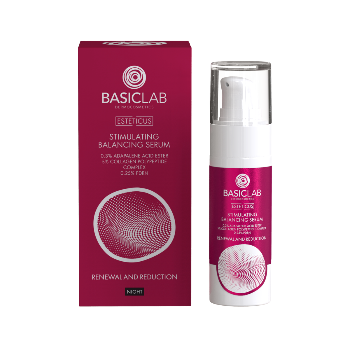 BasicLab – Stimulating Smoothing Serum, 0.3% Adapalene Acid Ester, 5% Collagen Polypeptide Complex, 0.25% PDRN – Renewal and Reduction 30ml
