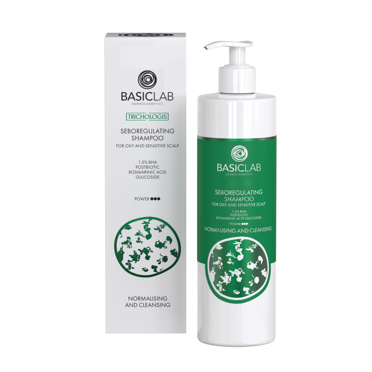 BasicLab – Sebum-Regulating Shampoo for Oily and Sensitive Scalp, 1.5% BHA, Postbiotic, Rosmarinic Acid Glucoside – Normalization and Cleansing 300ml