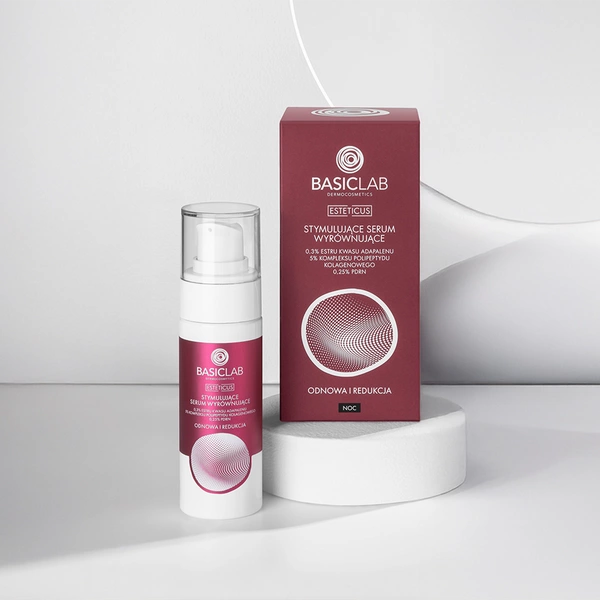 BasicLab – Stymulujące Serum Wyrównujące, 0,3% Estru Kwasu Adapalenu, 5% Kompleksu Polipeptydu Kolagenowego, 0,25% PDRN – Odnowa i Redukcja 30ml