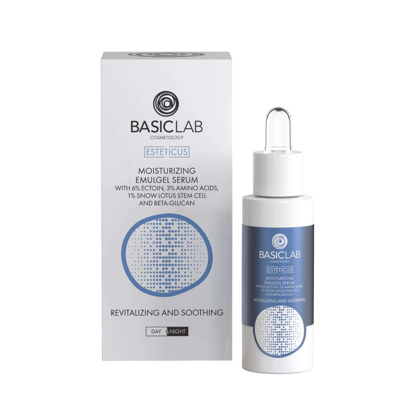 BasicLab – Hydrating Emu-Gel Facial Serum with 6% Ectoine and Snow Lotus Stem Cells – Revitalization and Soothing 30ml