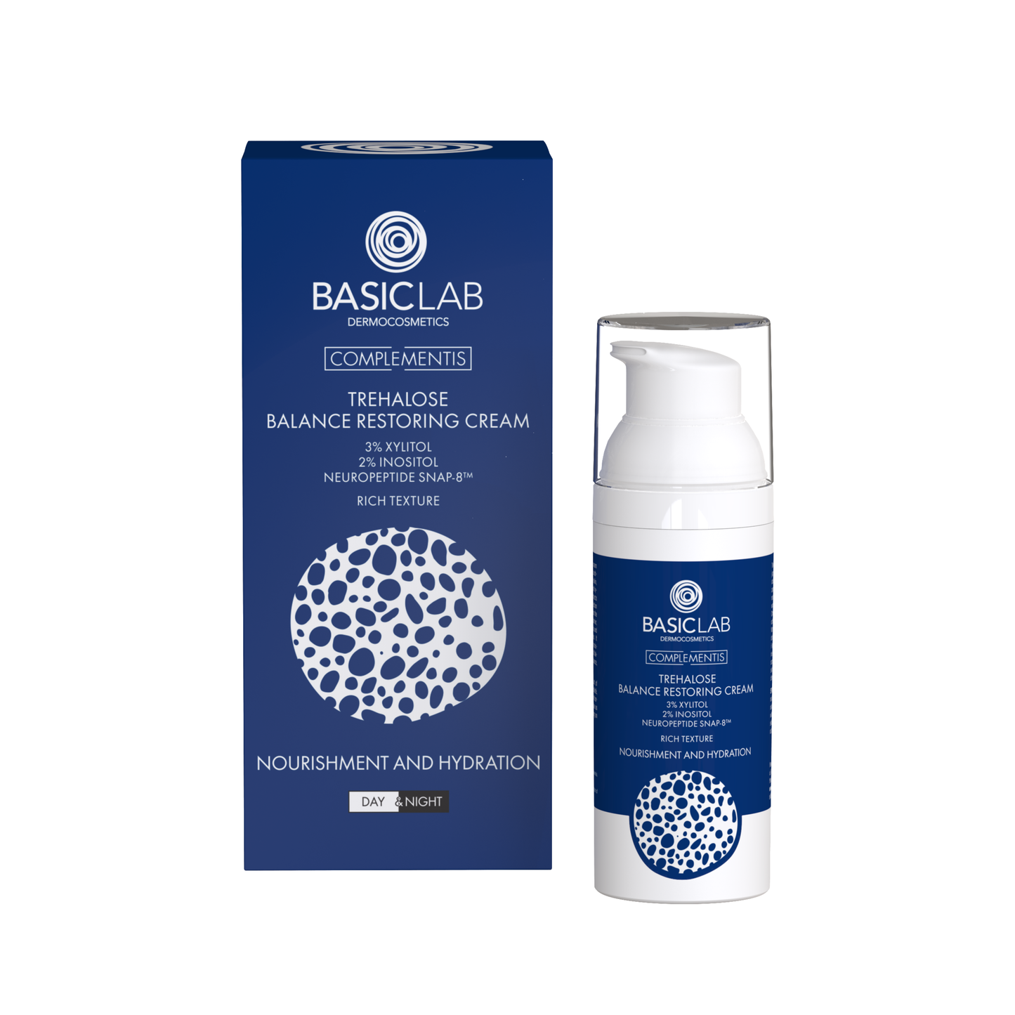BasicLab – Trehalose Jafnvægiskrem með 3% Xylitol, 2% Inositol og SNAP-8™ Neuropeptide, Rík Áferð – Næring og Rakagefni 50ml
